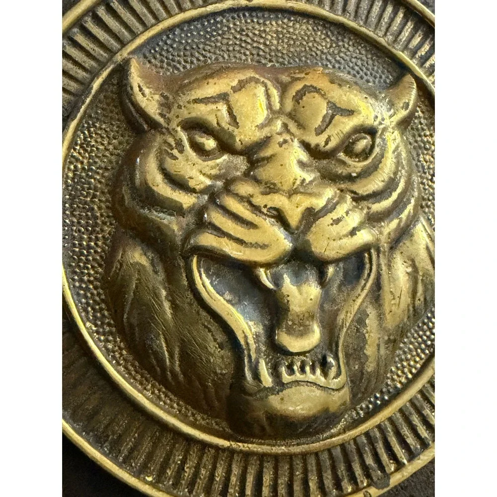 Vintage 1970s Jaguar Tiger Cat Head Solid Brass Belt Buckle Baron Western Taiwan